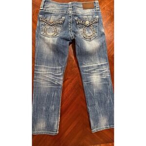 Big Star Liv blue Wash Rhinestone Pockets cropped capri womens Jeans Sz 26‎